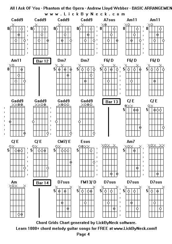 Chord Grids Chart of chord melody fingerstyle guitar song-All I Ask OF You - Phantom of the Opera - Andrew Lloyd Webber - BASIC ARRANGEMENT,generated by LickByNeck software.